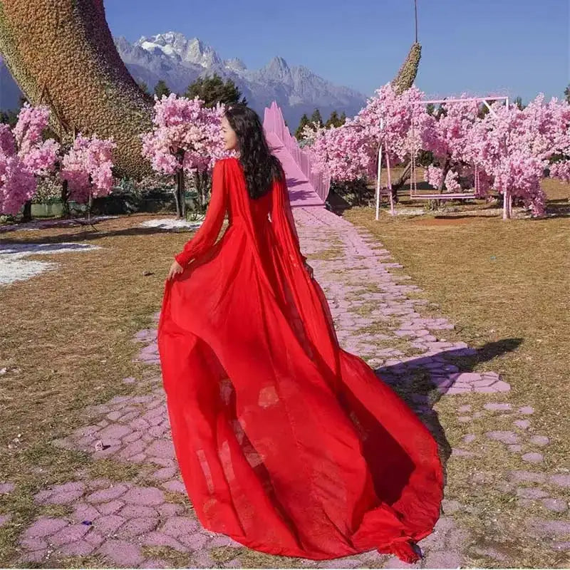 2025 Spring/Summer Silk Dress with Charm Seaside Vacation Beach Dress Red Extra Long Tailed Long Dress White Elegant And Gracefu - Lootquake