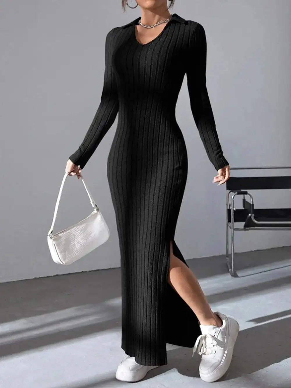 2024 Spring/Summer Knitted Dress Slim Fit Fashion Casual Women's Lapel Long sleeved Dress Concave Stripe Solid Color Long Dress - Lootquake