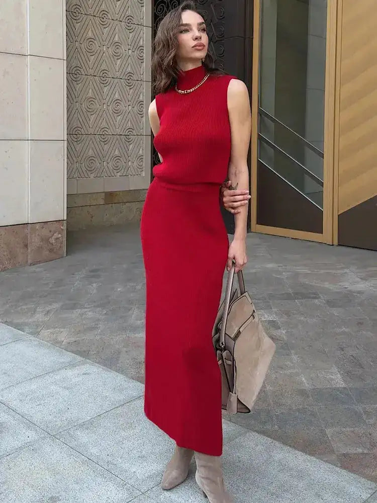 Conjunto elegante de dos piezas de punto Tossy: vestido largo, suéter acanalado y falda larga de patchwork suelta para mujer.