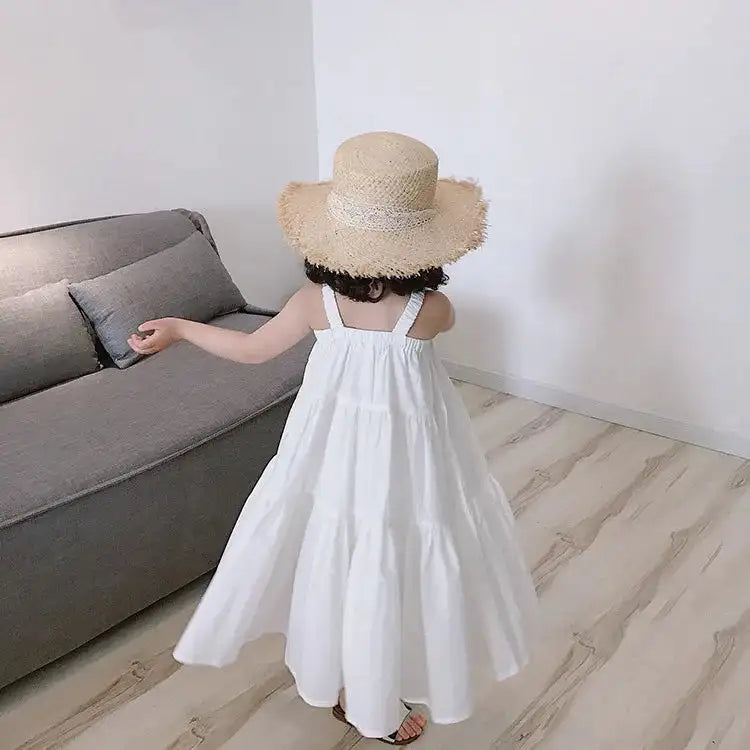 Girls Cotton Solid White Dress Ruffles Kids Strap Dress Summer Sleeveless Toddler Baby Long Dress Girl Clothes 1-6Y Kleid/robe - Lootquake