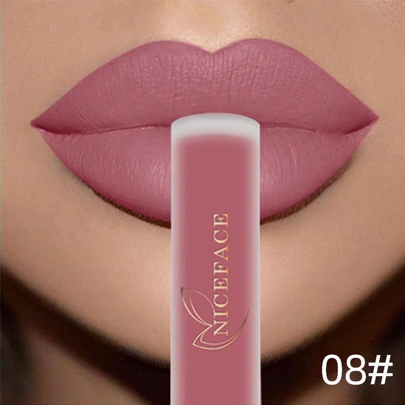NICEFACE Lápiz labial líquido mate resistente al agua, brillo labial de larga duración, tinte sexy rojo nude morado metálico, lápices labiales, cosméticos de maquillaje