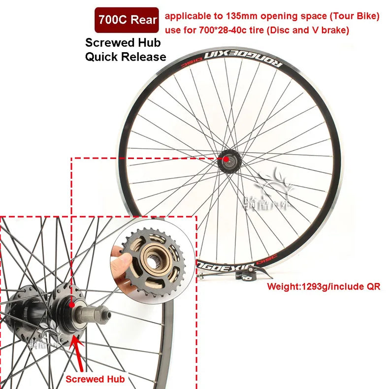 Cruiser Tour Bike Wheelset, Double Deck Rim, Front Wheel Disc, V Brake, Rear Back Wheels, Cassette and Screwed Hub, 36H, 700C