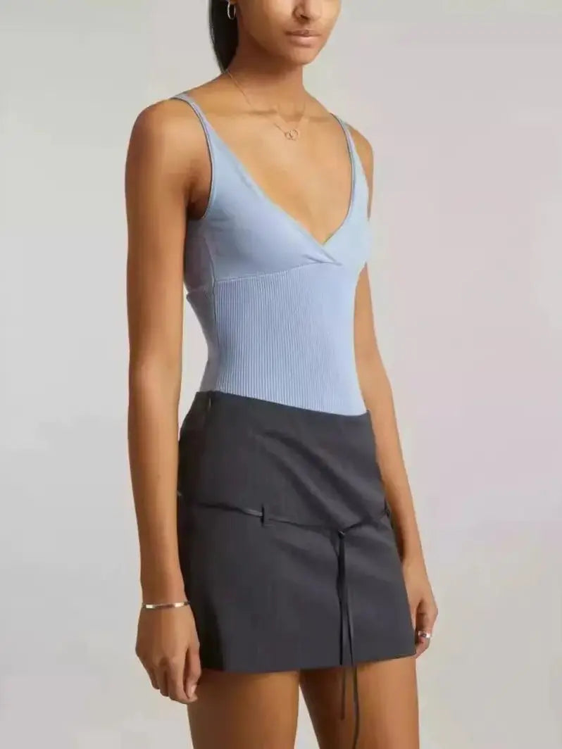 23 new embroidered V-neck slim fit sleeveless short ribbed knit camisole top for women's summer - Lootquake