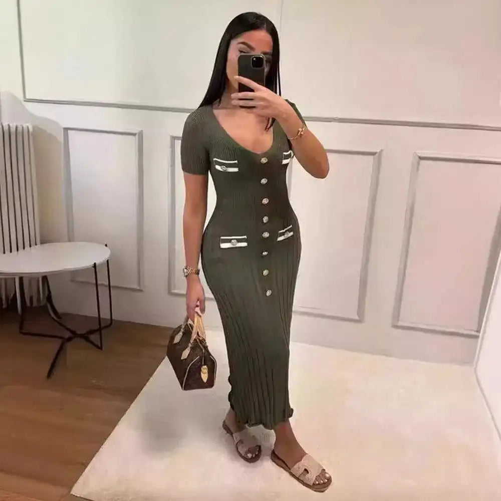 Office Lady Elegant Knitted Long Dress Summer Short Sleelve V Neck Single Breasted Bodycon Dresses Women Party Fashion Vestidos - Lootquake