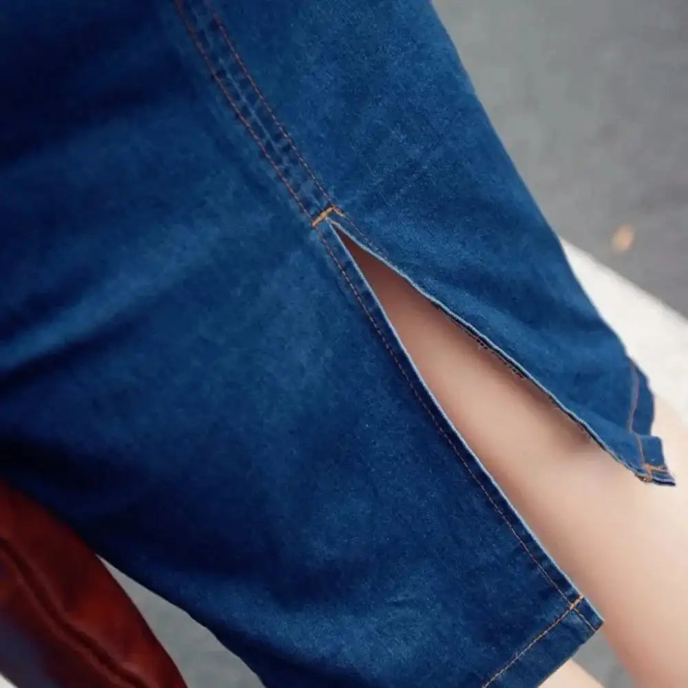 Vintage Button Up Jeans Dress Women Blue Lapel Denim Vestidos Winter Office Slim Long Sleeve Mid-Cuff Denim with Belt Long Dress - Lootquake