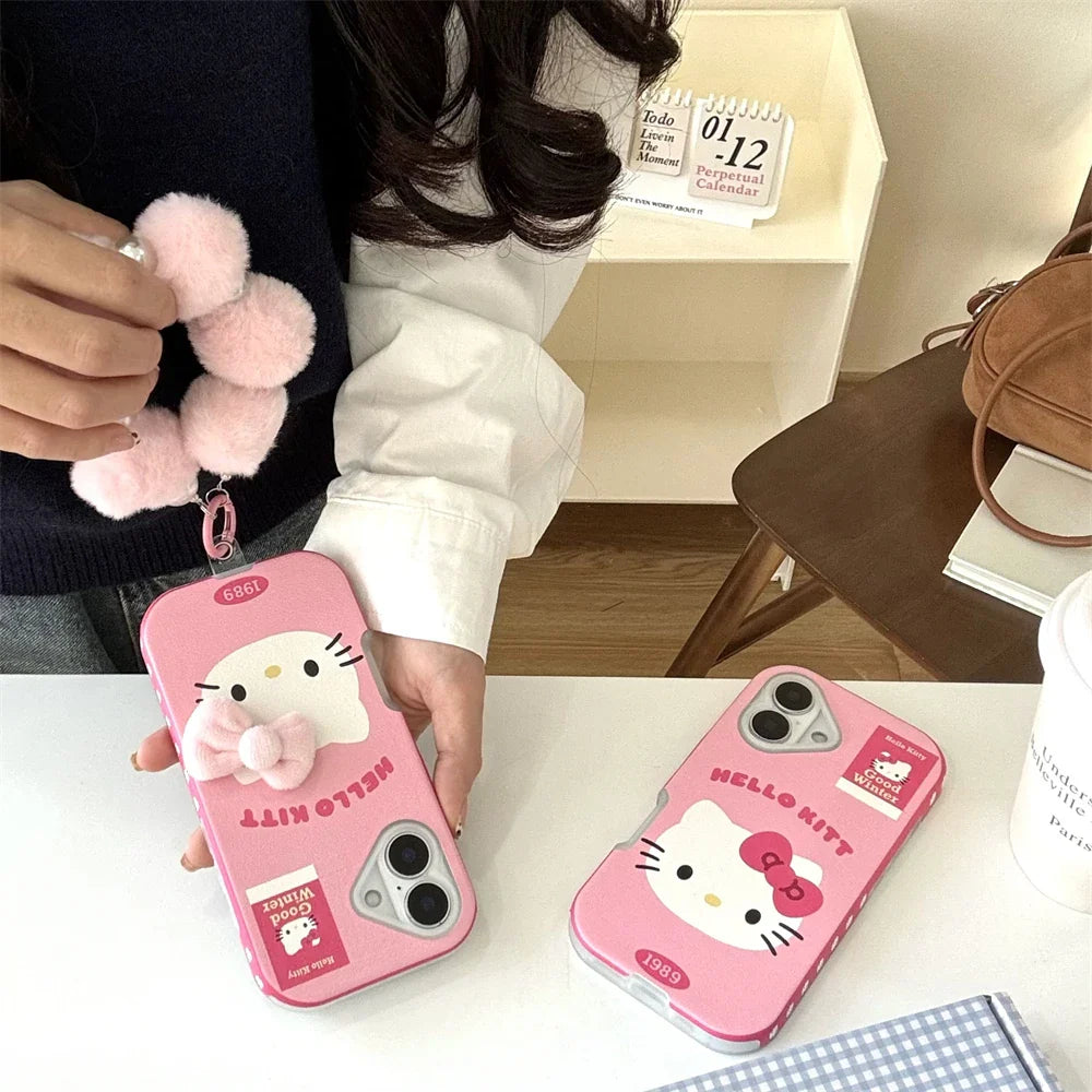 Funda de cuero para teléfono de Hello Kitty con lazo rosa de lujo