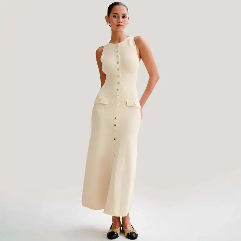 Fashion Knitted Long Dress For Women Elegant Sleeveless Button Maxi Sweater Bodycon Dresses Female Party Fashion Vestidos 2024 N