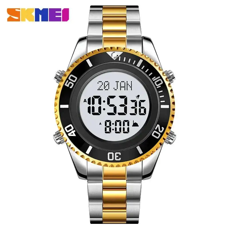 SKMEI 2141 Stainless Steel Digital Watche Muslim Azan Prayer Compass Clock Adhan Alarm Hijri Islamic Wristwatch with Back Light - Lootquake