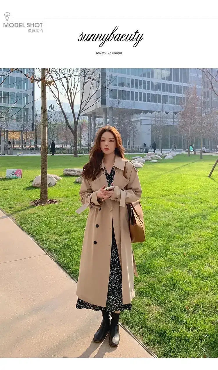 Streetwear Loose Trench Coat Midi Length Fashion Korean Elegant Khaki Black Women's Windbreaker Coat Casual Double Breasted Tops - Lootquake