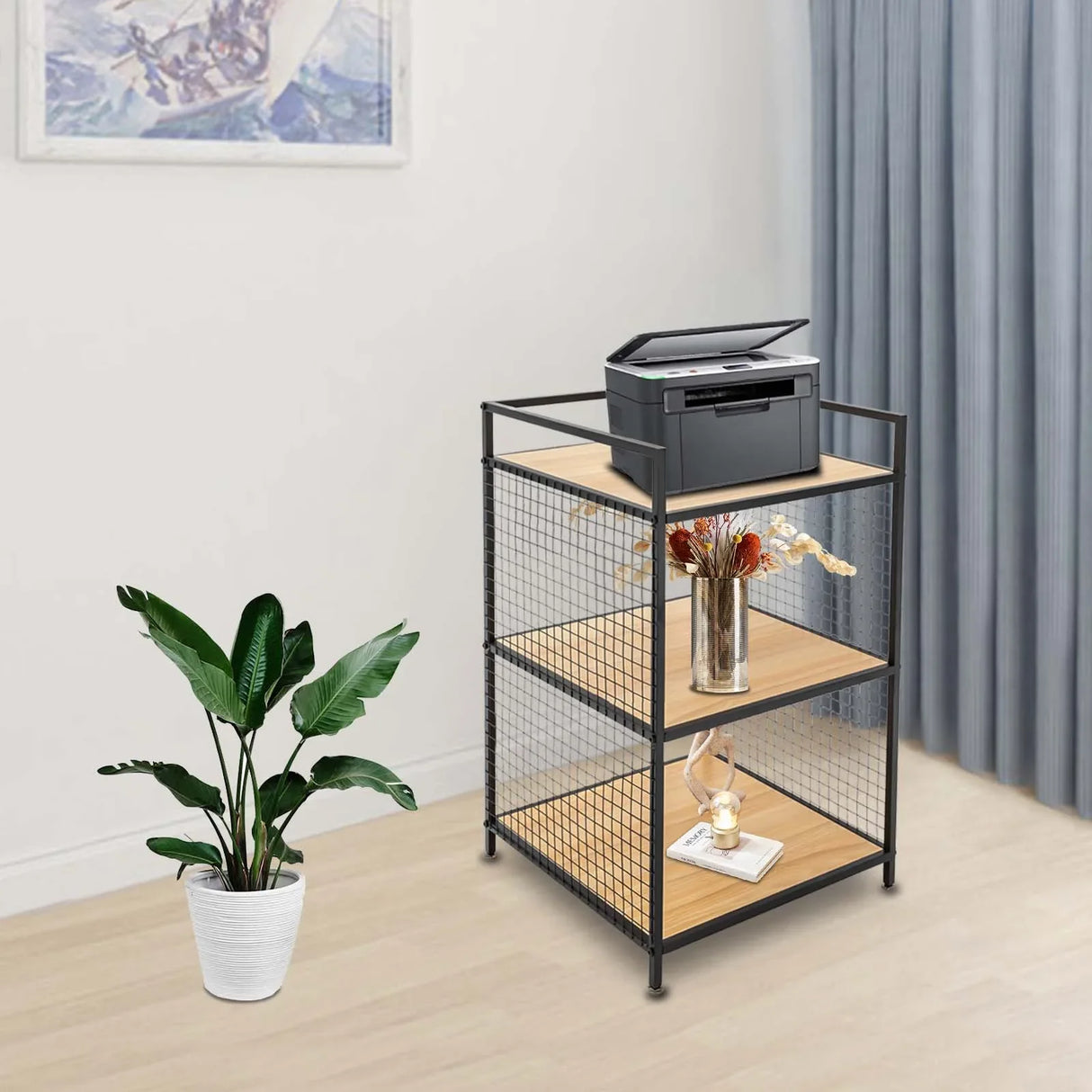 Support d'imprimante à 3 niveaux en bois massif et fer, capacité de 20 kg, design compact, idéal pour le rangement au bureau et à la maison, durable et élégant