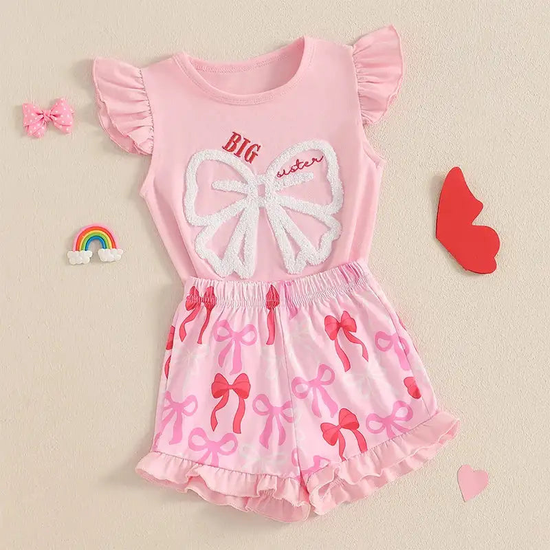 Cute Matching Baby Toddler Brother Outfit Bow Fly Sleeve Tops Elastic Waist Ruffle Shorts 2 Piece Summer Set for Siblings - Lootquake