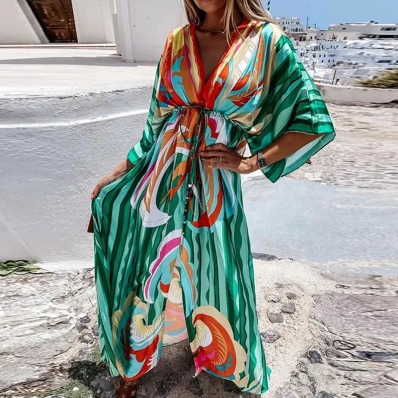 2023 Women Gorgeous Boho Print Maxi Beach Dress Summer Deep V Slit Elastic Waist Party Dress Elegant Holiday Long Dress Vestidos - Lootquake