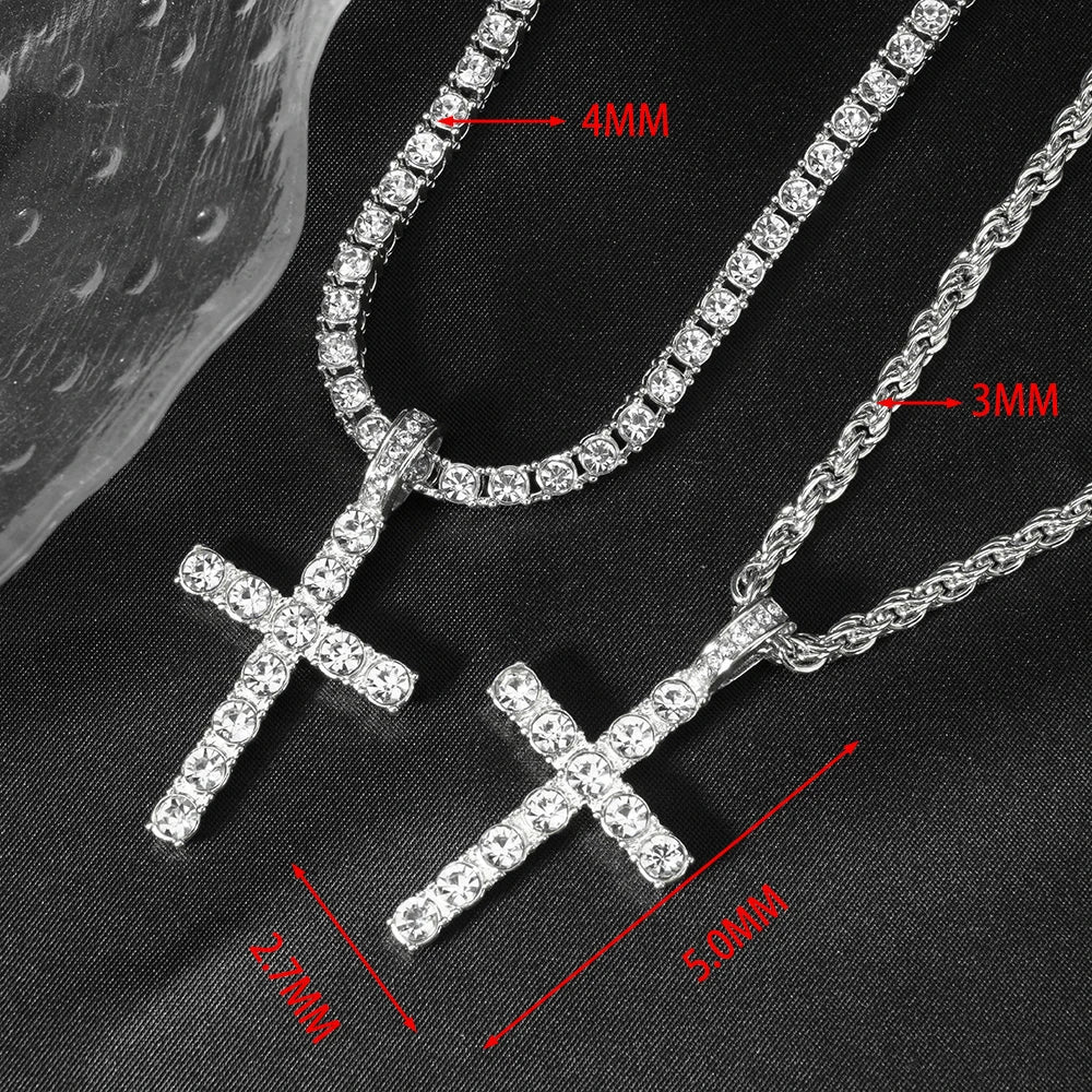 Hip Hop Cross Pendant Necklace Strap 4mm Zircon Tennis Chain Iced Out Sparkling Necklace Men Women Punk Jewelry Fashion Gift - Lootquake
