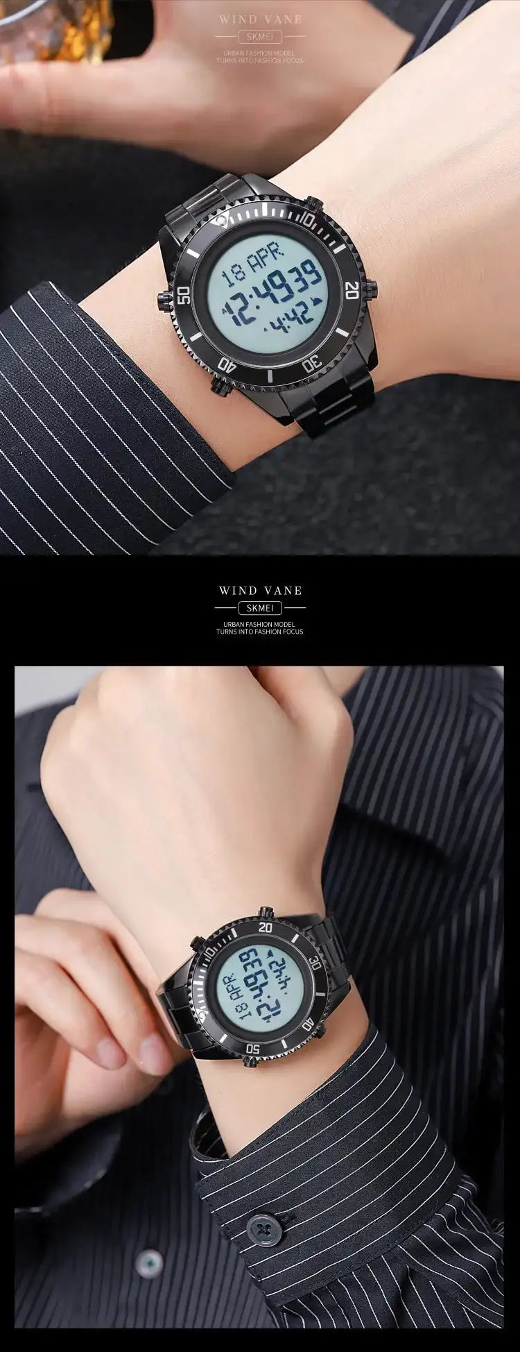 SKMEI 2141 Stainless Steel Digital Watche Muslim Azan Prayer Compass Clock Adhan Alarm Hijri Islamic Wristwatch with Back Light - Lootquake