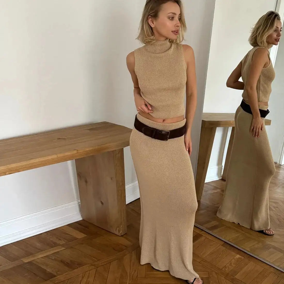 Tossy Elegant Knitwear 2 Piece-Set Long Dress Female Ribbed Sweater Pullover And Loose Patchwork Maxi Skirt Sets Ladies Outfits - Lootquake