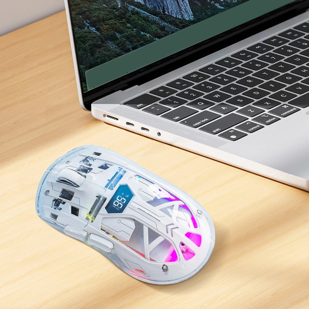 Souris de jeu sans fil transparente 2,4 GHz + BT5.0, affichage numérique, connexion multi-appareils, 5 niveaux de DPI pour ordinateur portable/téléphone/PC