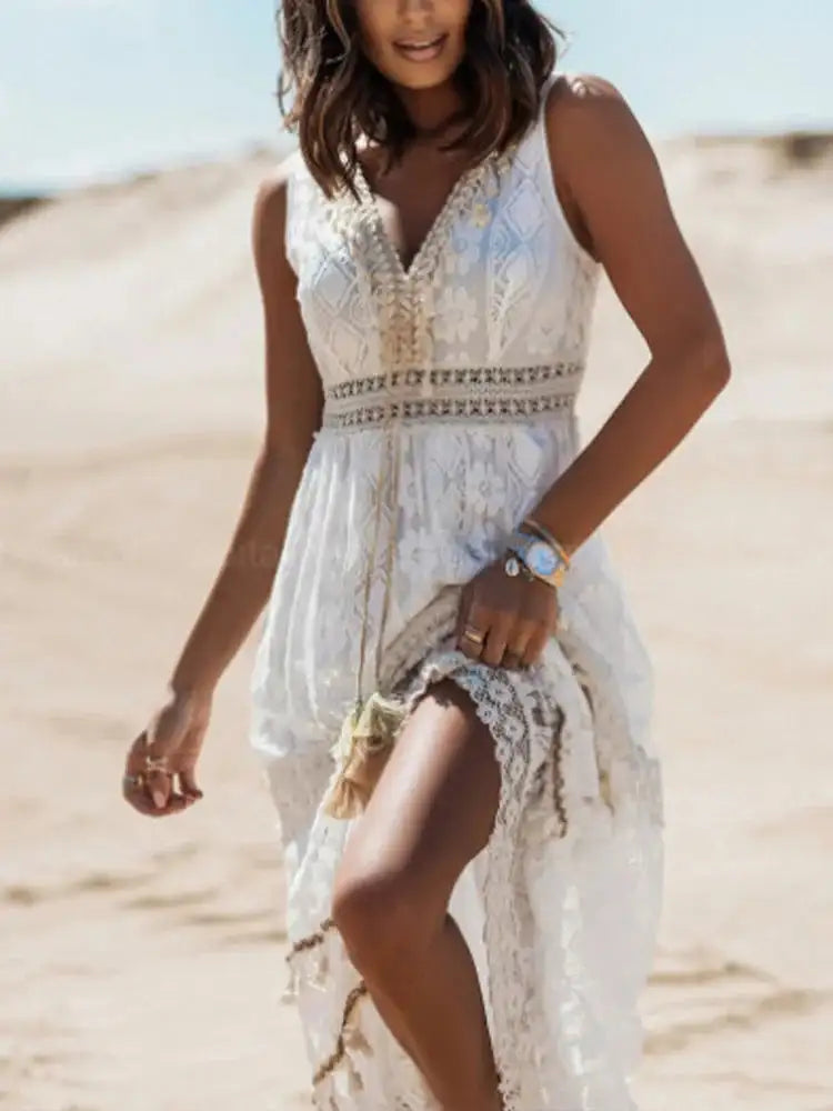 Boho Long Dress Women Summer Lace V Neck Flare Sleeve Sexy Maxi Dress Lady Holiday Party Beach Wedding Dresses Vestidos De Mujer - Lootquake