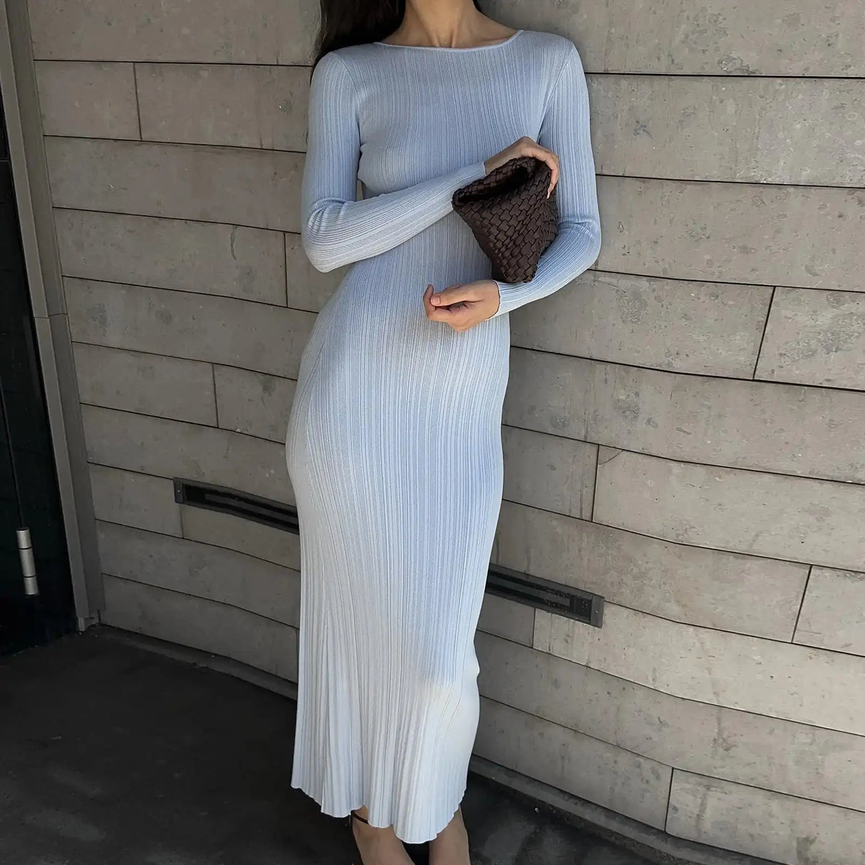 Autumn Winter Solid Color Bodycon Knit Dress Women Long Sleeve Crew Neck Ribbed Dress Slim Fit Long Dress - Lootquake