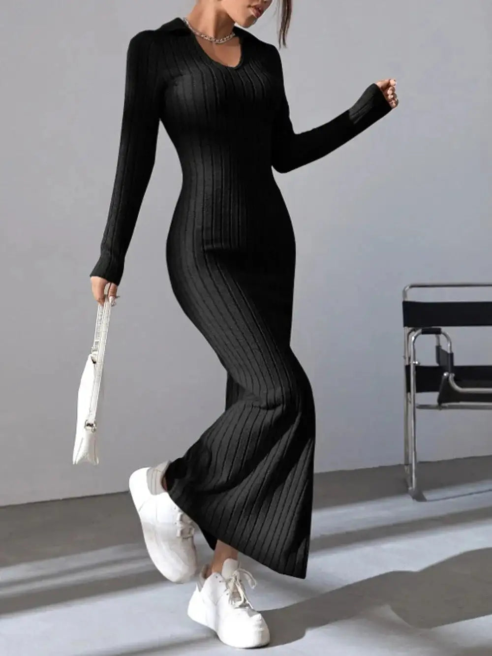 2024 Spring/Summer Knitted Dress Slim Fit Fashion Casual Women's Lapel Long sleeved Dress Concave Stripe Solid Color Long Dress - Lootquake