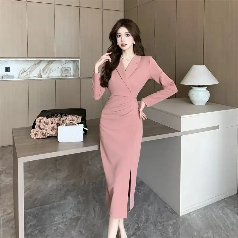 Women Pink Pleated Bodycon Formal Long Dress Autumn Winter Long Sleeve Chic Suit Dress 2025 Korean Fashion Elegant Party Dresses - Lootquake