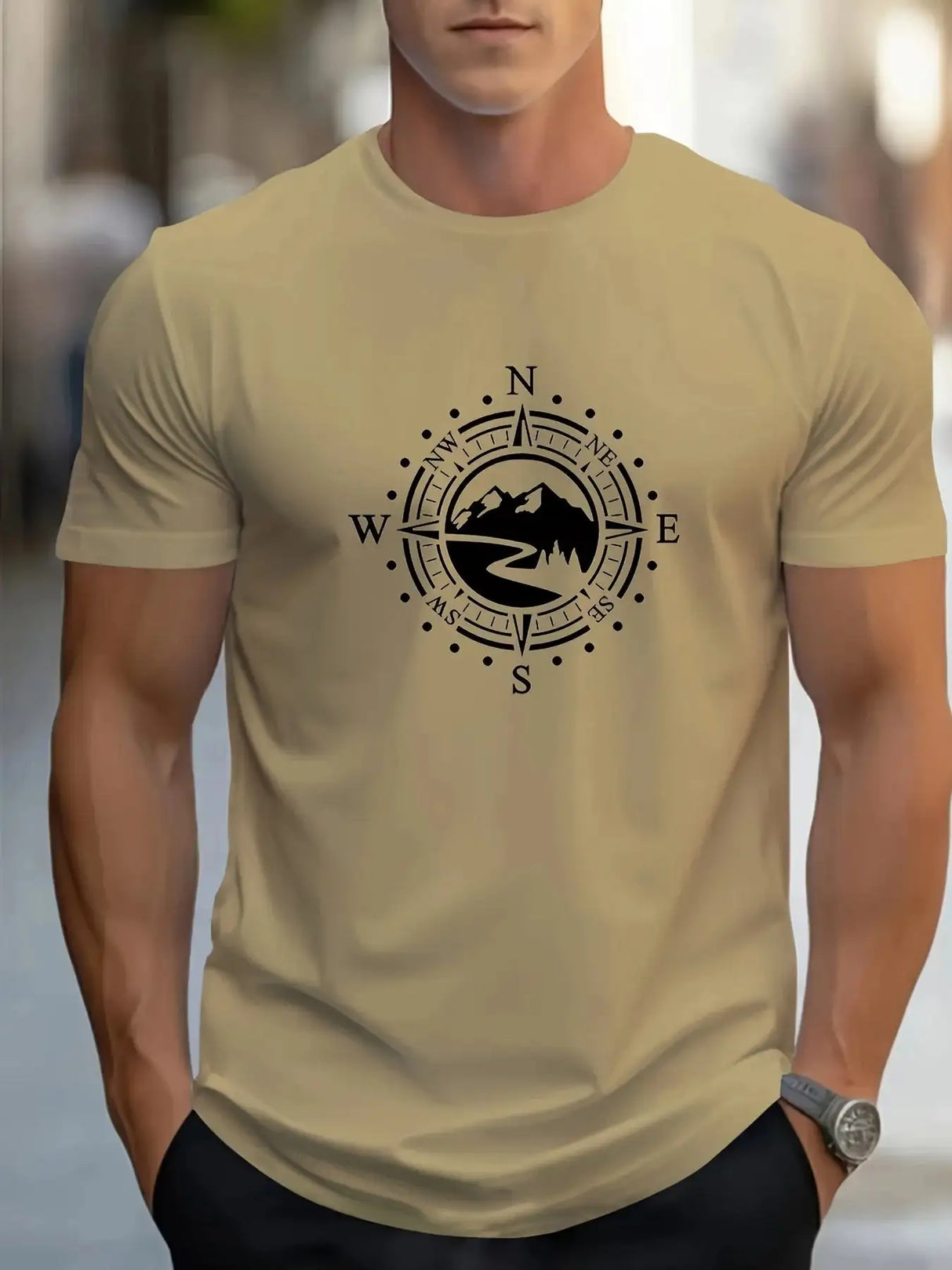 Summer Men's 100% Cotton Casual Loose Large Compass Pattern Printed Sports Comfortable Round Neck Short Sleeve T-shirt Top - Lootquake