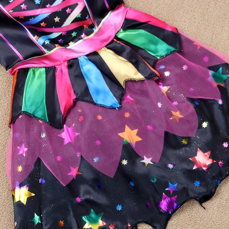 Halloween Children's Witch Dress - Comes with Hat, Halloween Role Playing Costume,Colorful Star Pattern Printed Carnival Costume