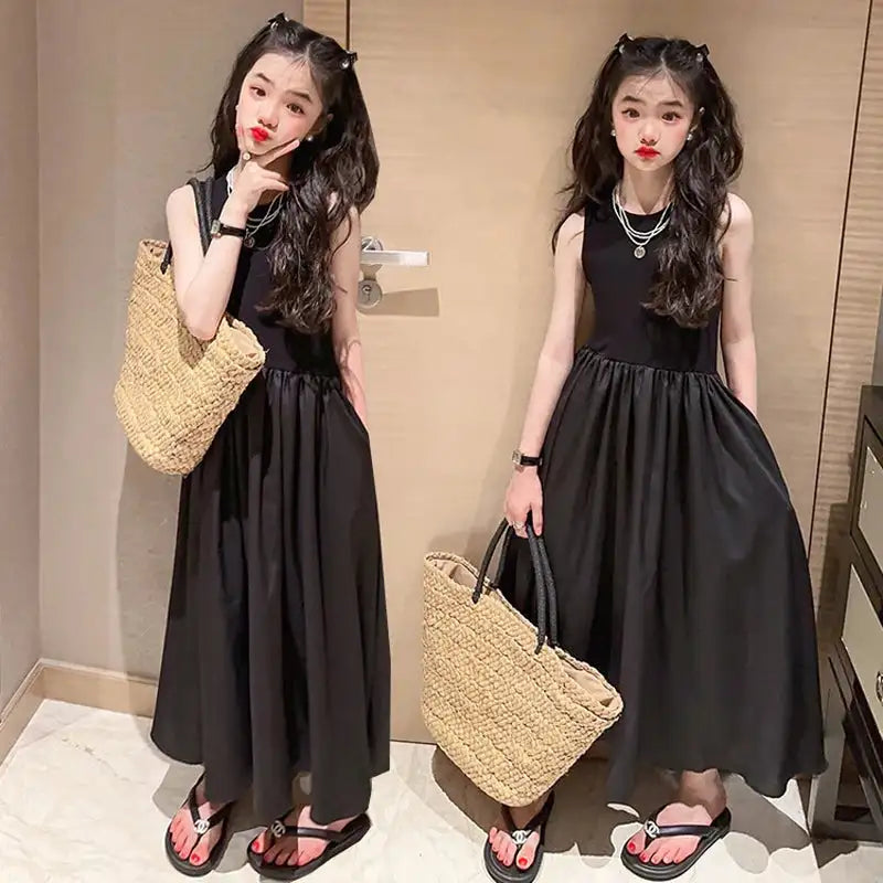 Girls Dresses 2024 New Fashionable Girls' Summer High End Black Solid Long Dress for Children's Summer Sleeveless Vest Dress - Lootquake