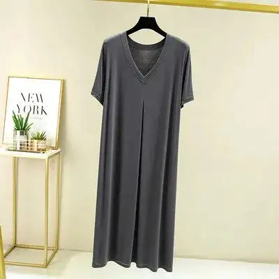 Modal Cotton Short Sleeved Nightdress for Women's Summer Casual Home Sleepwear V-neck Pleated Oversized Loose Hem Mid-Long Dress - Lootquake
