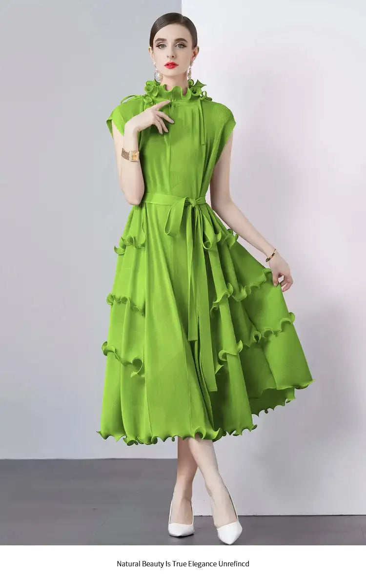 Miyake Pleated Shoulder Bag Heavy Industry Wood Ear Edge Pleated Lace-up Belt Long Dress Stand Collar Plus Size Women's Clothing - Lootquake