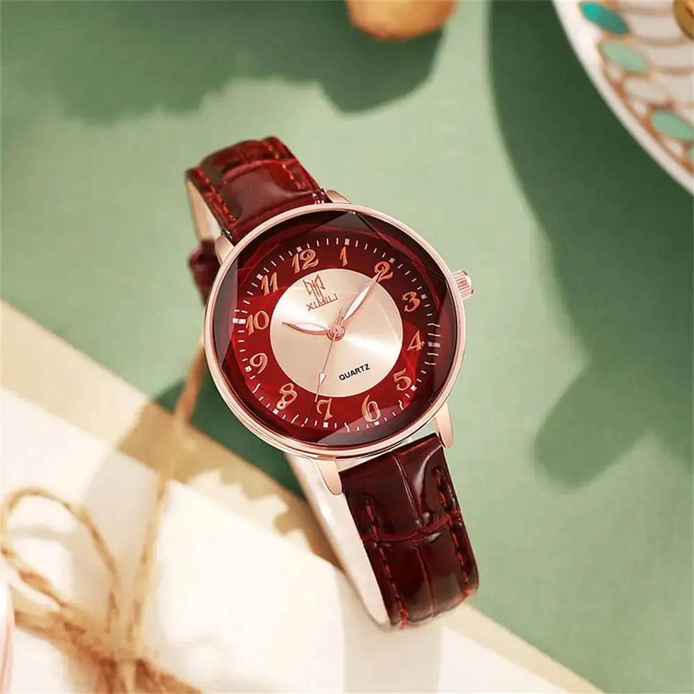 Women's Watch Simple Arabic Numerals Quartz Watch Fashionable Pink Leather Lady Business Clock Wristwatch - Lootquake