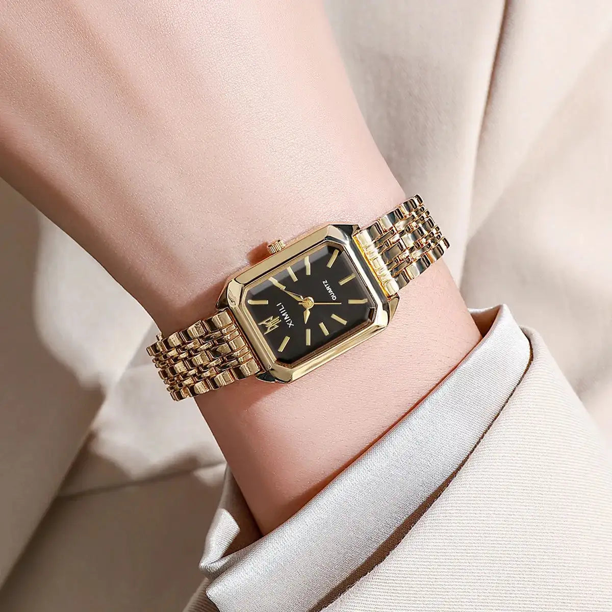 Women Watches Business Luxury Ladies Fashion Quartz Watch Simple Scale Square Quality Gold Plated Stainless Steel Folding Clock - Lootquake