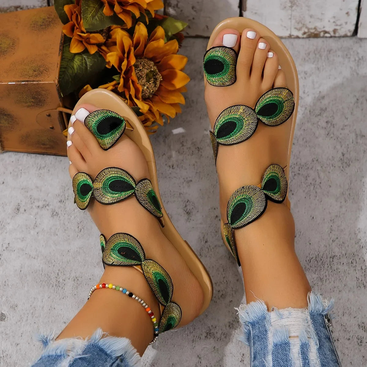 Yellow Embroidered Faux Flower Fashion Sandals Flat Plus Size 43 Summer Outdoor Beach Shoes Travel Mom Shoes - Lootquake