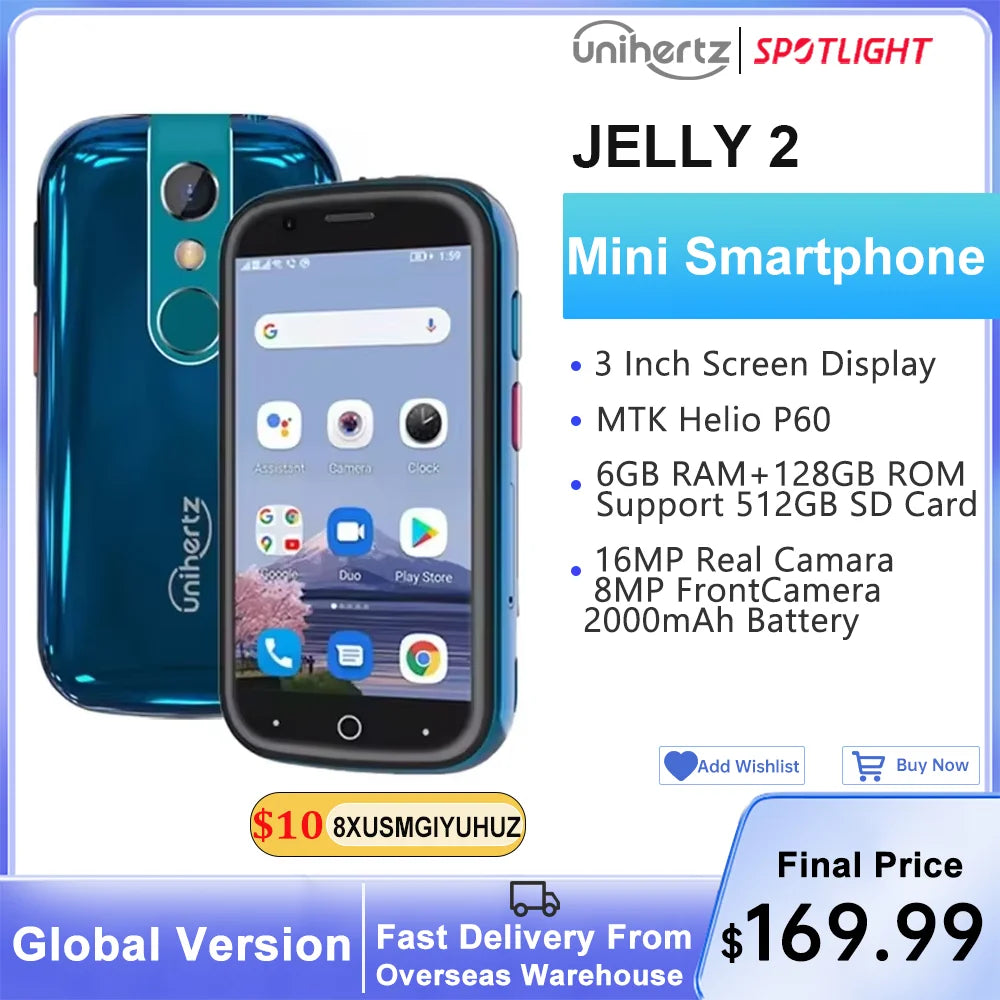 Unihertz Jelly 2 Mini smartphone 4 pouces Android 11 Helio P60 Octa Core débloqué 6 Go 128 Go NFC Téléphone portable 16 MP Infrarouge