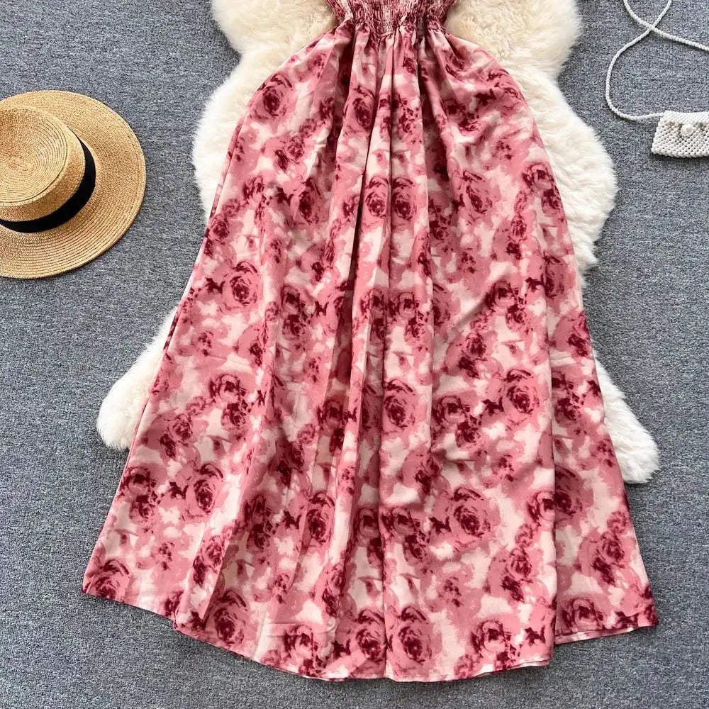 YuooMuoo Korean Fashion Rose Flower Print Romantic Retro Party Dress Summer Elastic High Waist Vacation Long Dress Beach Vestido - Lootquake