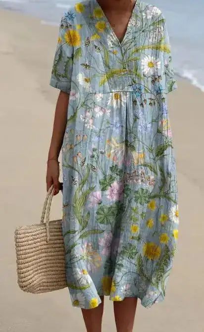 Casual Short Sleeved V-neck Big Swing Dress 2024 New Women's Loose Printed Long Dress Female Retro Flower Print Pullover Dresses - Lootquake