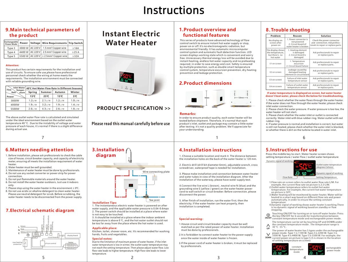 Chauffe-eau instantané 110 V 220 V pour cuisine et salle de bain, montage mural, électrique, affichage LCD de la température, avec télécommande