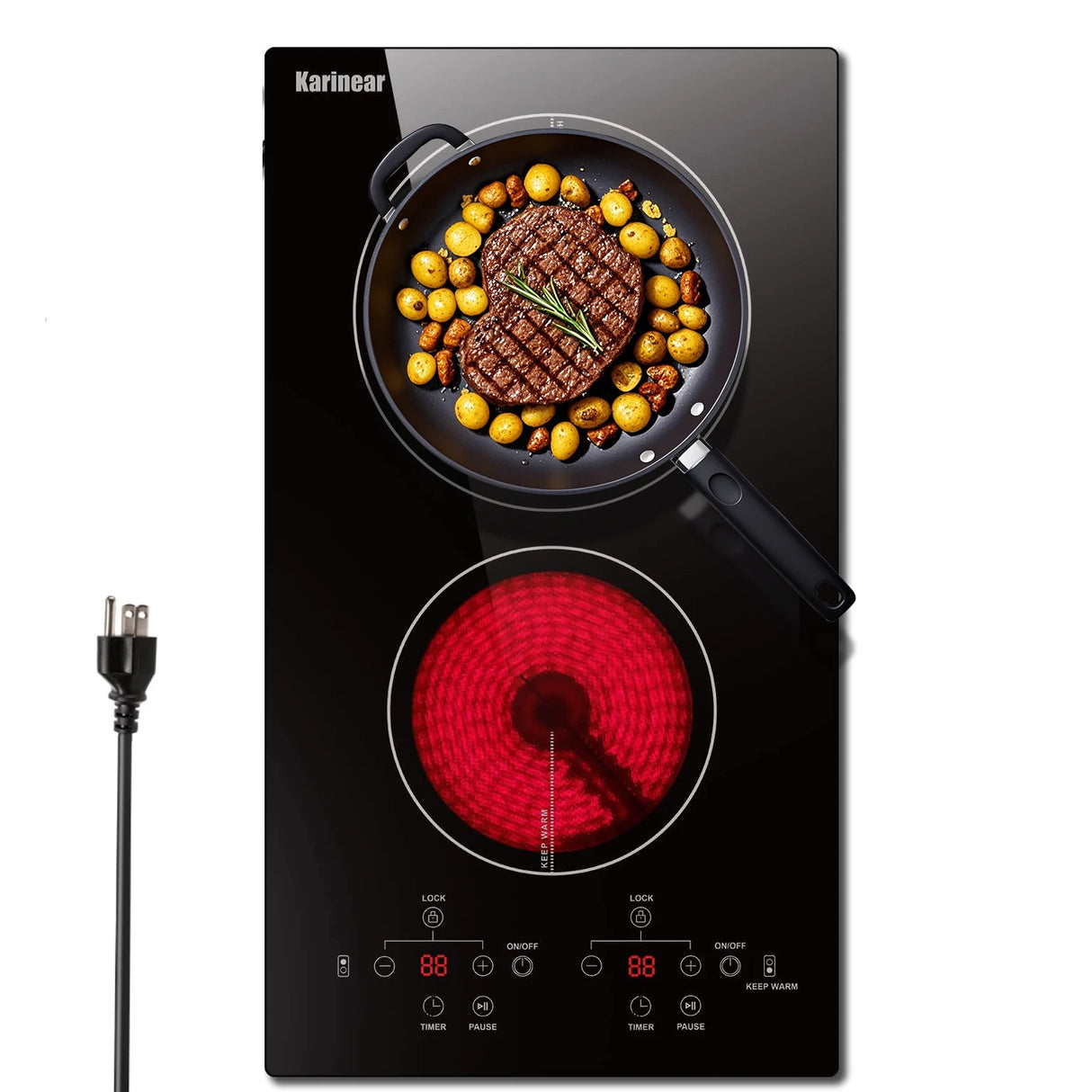 Table de cuisson électrique Karinear à 2 brûleurs, plaque de cuisson en céramique à prise 120 V, plan de travail de 12 pouces et plaque de cuisson électrique intégrée avec protection pour enfants