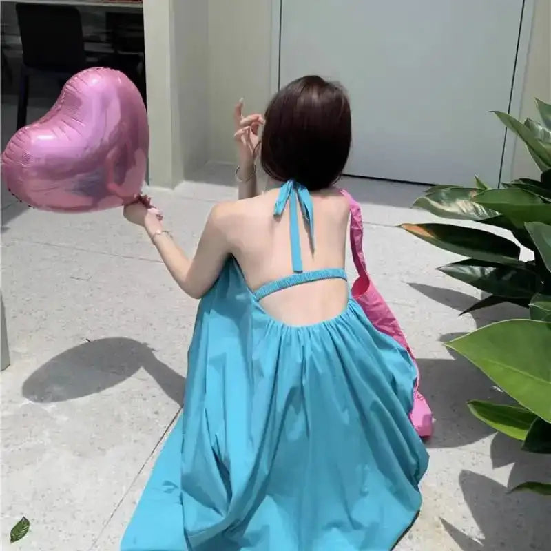 Summer Vacation Dress Thailand Style Open-back Halter Neck Age-reducing Photography Beach Long Dress Belted - Lootquake