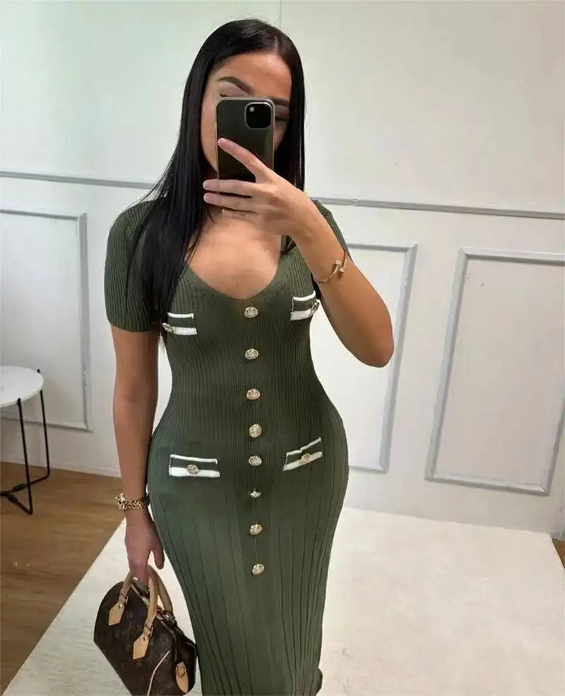 Office Lady Elegant Knitted Long Dress Summer Short Sleelve V Neck Single Breasted Bodycon Dresses Women Party Fashion Vestidos - Lootquake