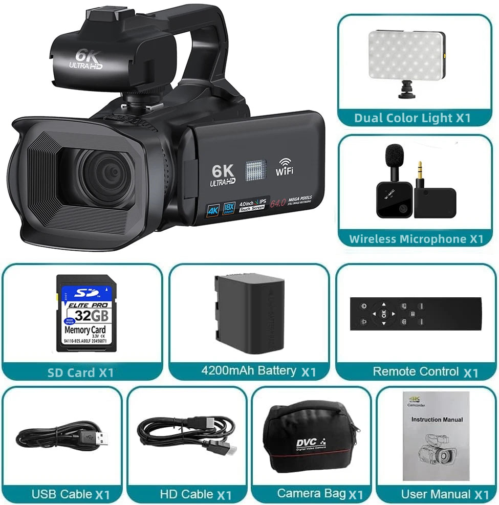 Videocámara profesional KOMERY para YouTube, 6K HD, 64 MP, pantalla táctil de 4", videocámara digital para vlogs y fotografía.