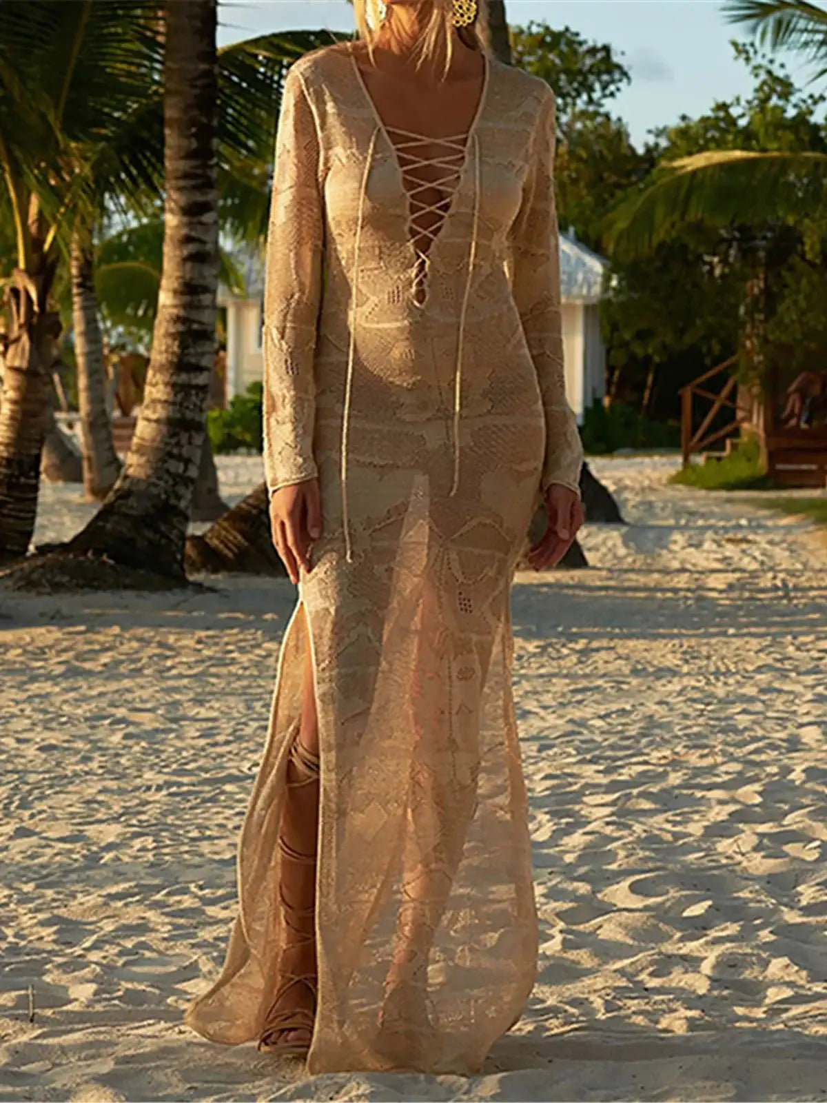 Deep V Dress Lace Up Long Sleeve Women Split Maxi Dress Crochet Knitted Tunic Mesh Sheer Sexy Bodycon Long Dress Vestido V4146B - Lootquake