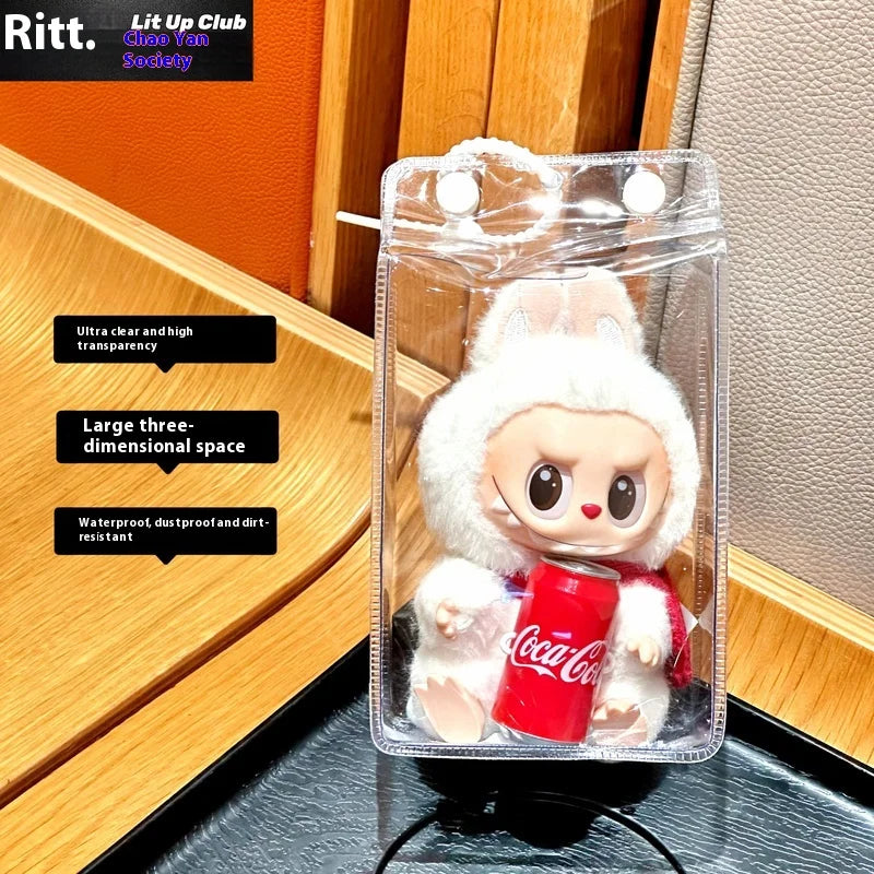 Sac de marche carré entièrement transparent Labubu, housse de protection pour posture assise Labubu, housse de protection pour sac d'affichage tendance