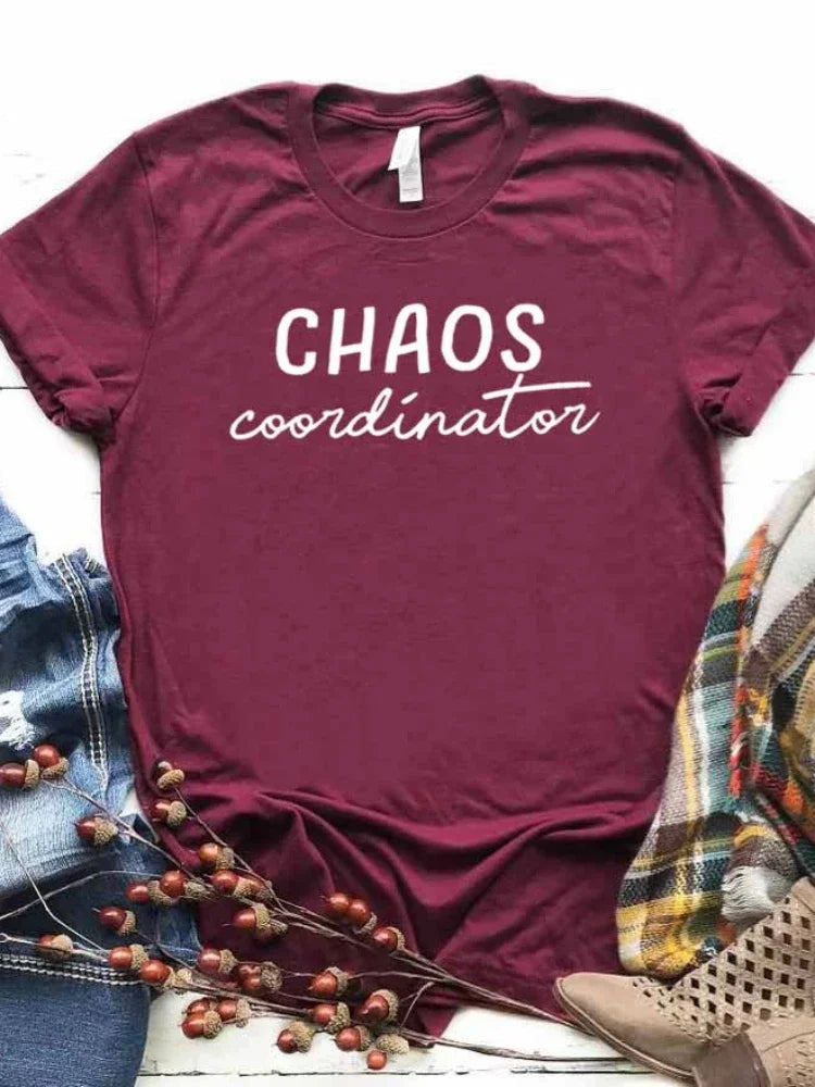 Women T Shirt Chaos Coordinator Letters Print Tshirt Women Short Sleeve O Neck Loose T-shirt Ladies Causal Tee Shirt Tops - Lootquake