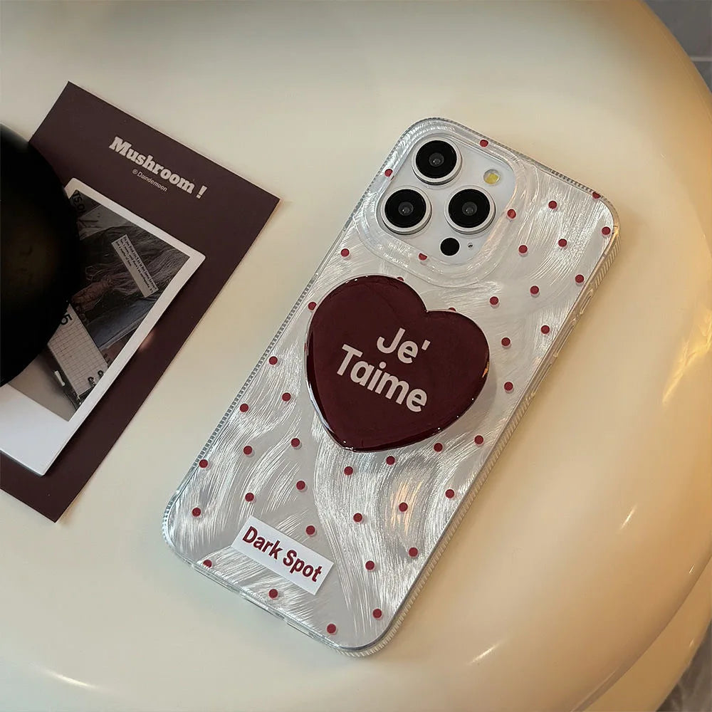 Estuche para teléfono con soporte para Tok con agarre en forma de corazón rojo y negro con láser deslumbrante