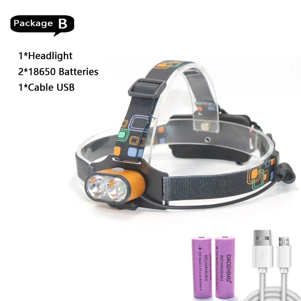 8000 lumen T6 Led lighting 2*T6 USB Hunting Headlamp Fishing Head light headlight Bike lights 3 Modes LED Headlight - Lootquake