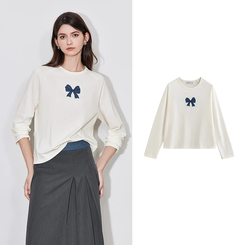 Camiseta TOYOUTH para mujer, otoño 2024, nueva, de mezclilla con lazo y mangas raglán en color contrastante, tops casuales