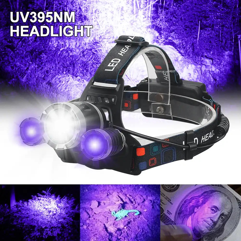 Headlamp Green/Red/UV395nm+White Dual Light Rechargeable Fixed Focus Waterproof 4Modes Headlight Hunting Camping Hiking Working - Lootquake