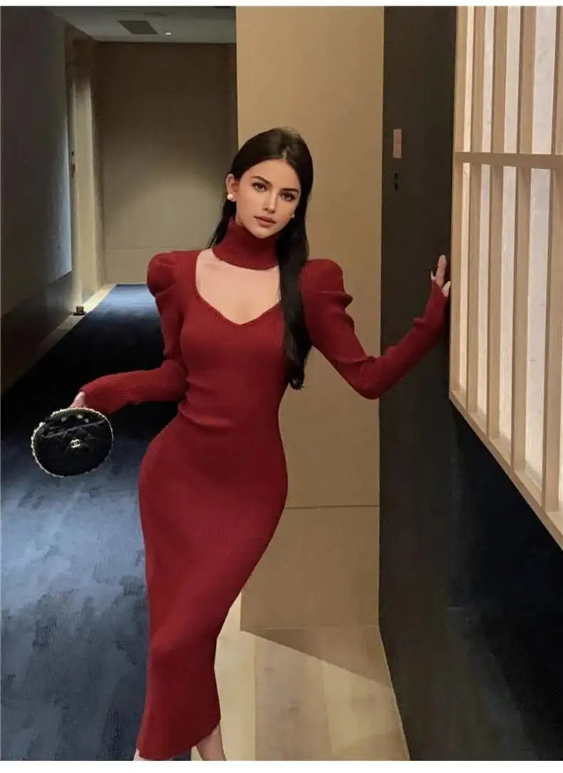 YuooMuoo Chic Fashion Elegant Knitted Long Dress with Neck Scarf 2024 Autumn Winter Ribbed Office Lady Bodycon Sweater Vestidos - Lootquake