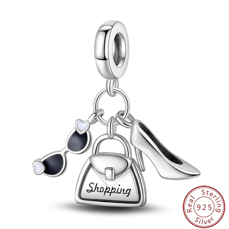 Ensemble de trois breloques en argent sterling S925, perles de 3 mm, motif princesse, golf, hamster, appareil photo, voyage, fabrication de bijoux fins