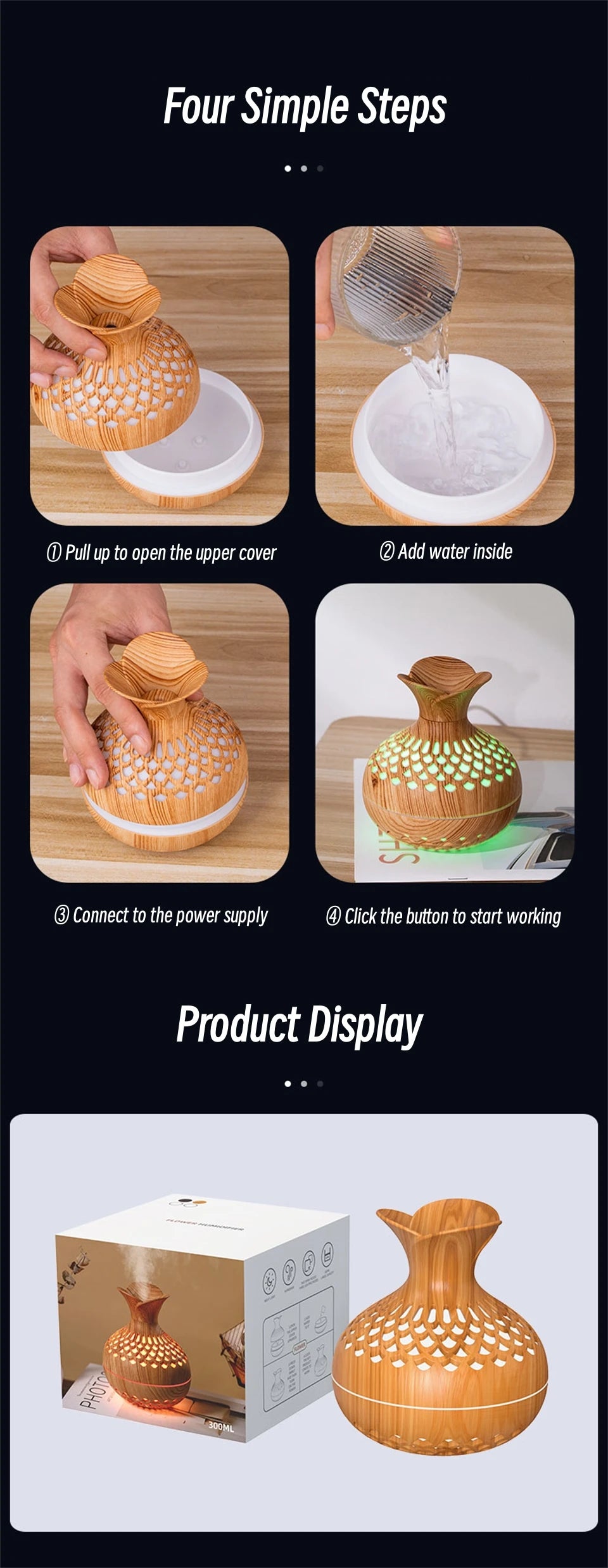 Humidificador USB de grano de madera hueco, difusor de aroma, atomizador, humidificador doméstico, instrumento hidratante, humidificador de escritorio.